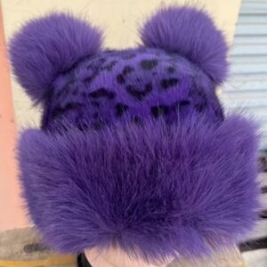 Faux Fur Purple Leopard Print Cat Ear Hat